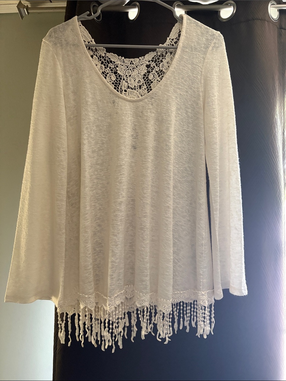 VENUS White Long Sleeve Tunic with Crochet Fringe